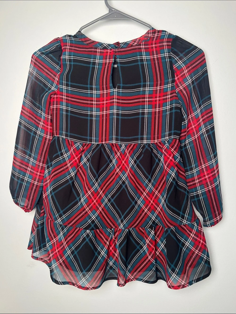 Draper James girls-XS Holliday Red and Black Plaid Tiered Long Sleeve dress.